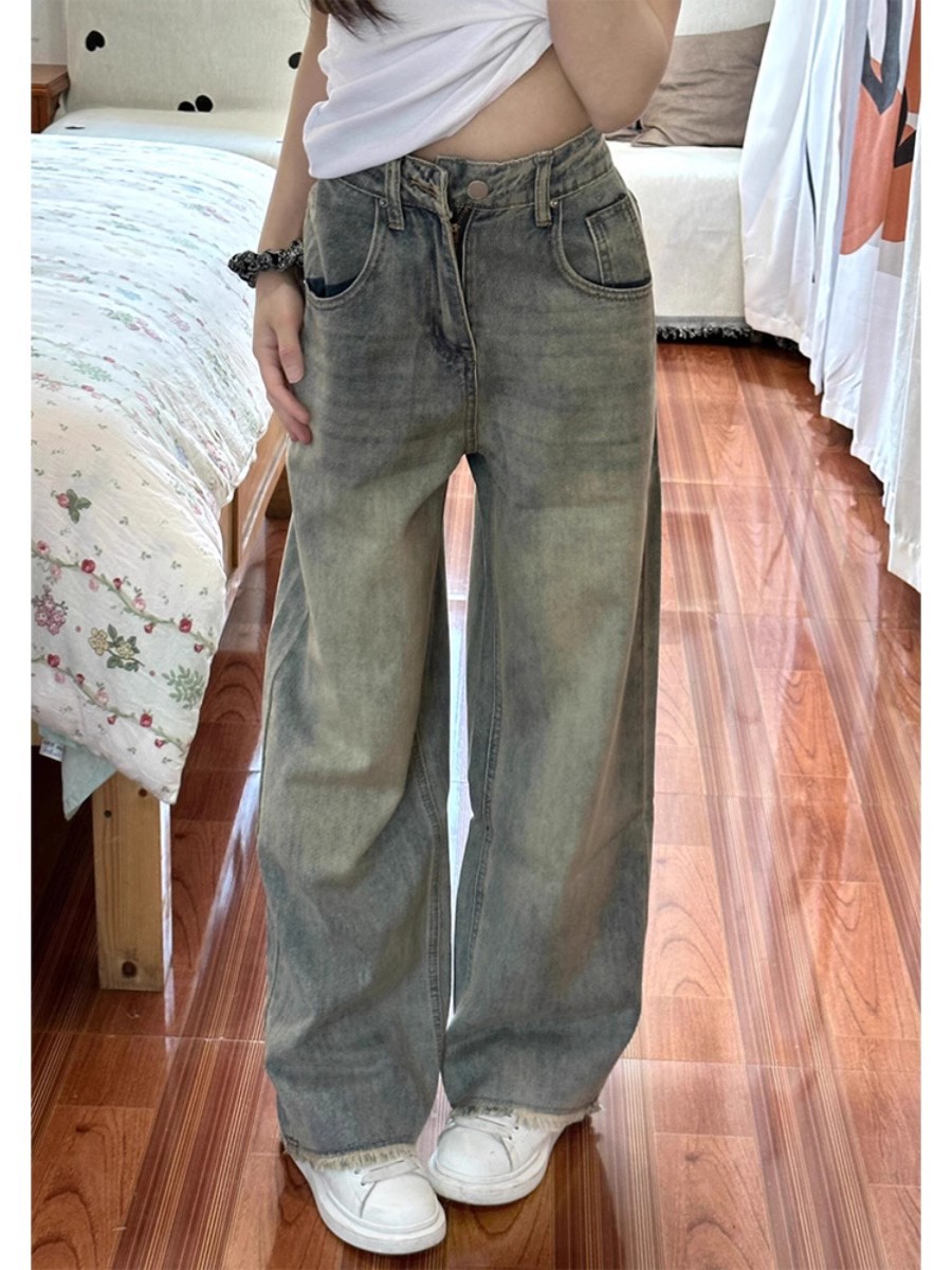 2026 Spring and Autumn Retro Vintage Jeans, Floor-Length American Style High-Waisted Slimming Casual Wide-Leg Pants, Versatile Straight-Leg Pants for Women