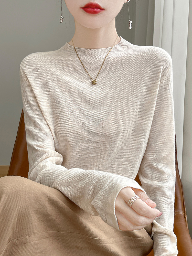 Half-high Collar Worsted Wool Long-sleeved Sweater Women's Autumn and Winter New Sweater Solid Color Loose Soft Waxy All-match Base Shirt
