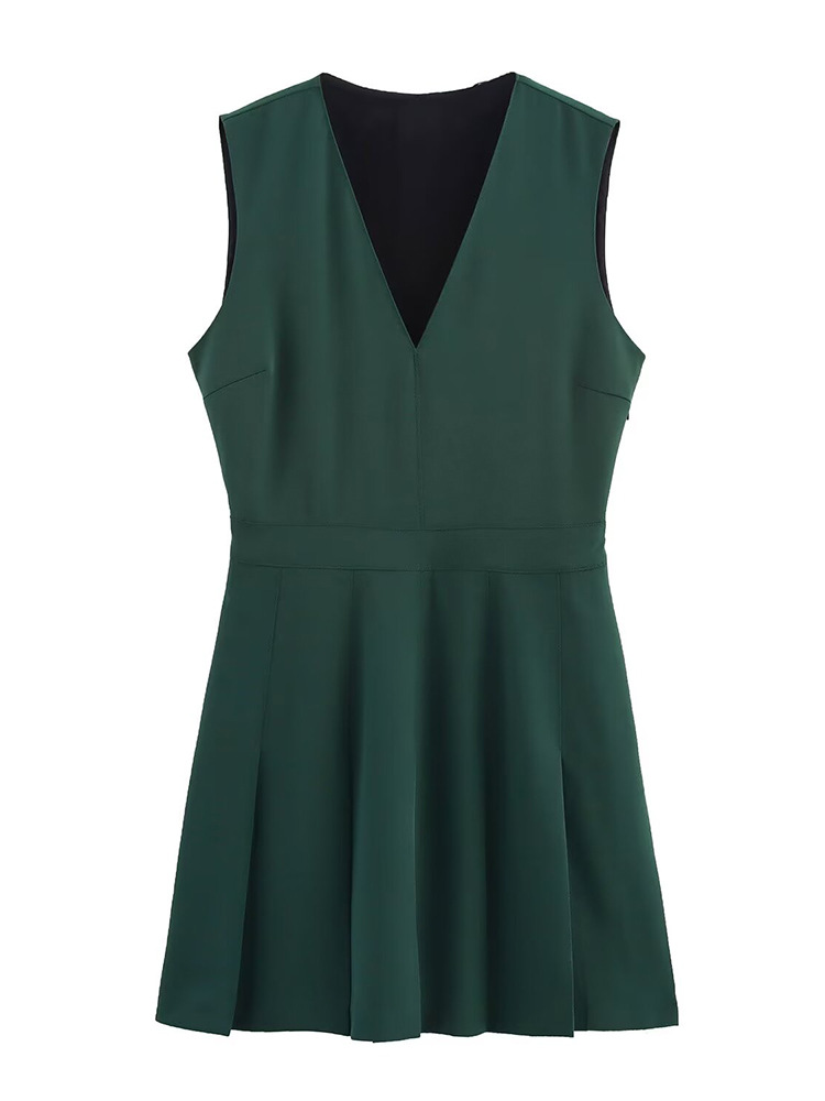 2025 Spring and Summer New Women's Elegant Pleated Decorative Crepe Comfortable Sleeveless Vest Decorated V-Neck Mini Dress