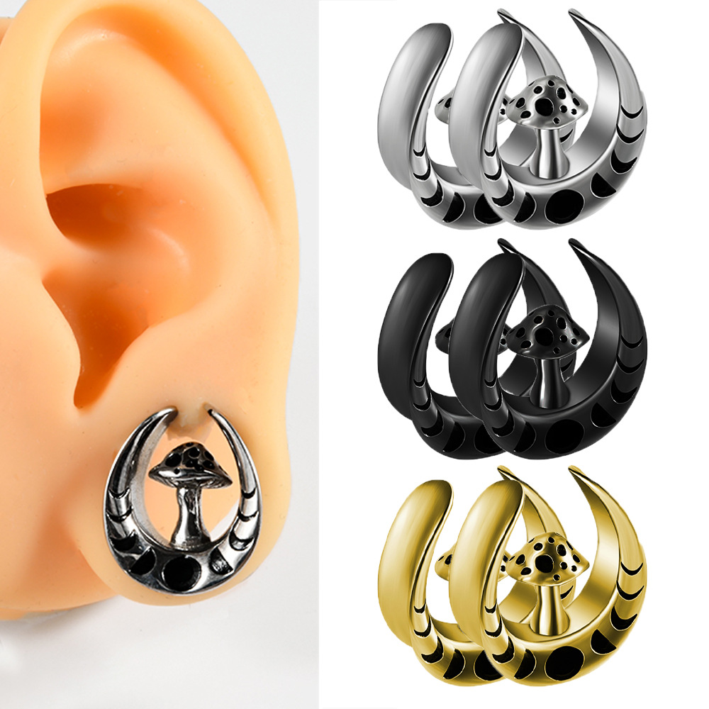 Cross-border stainless steel U-shaped auricle personalized black electroplated mushroom integrated earlobe puncture ear expander 8-25mm