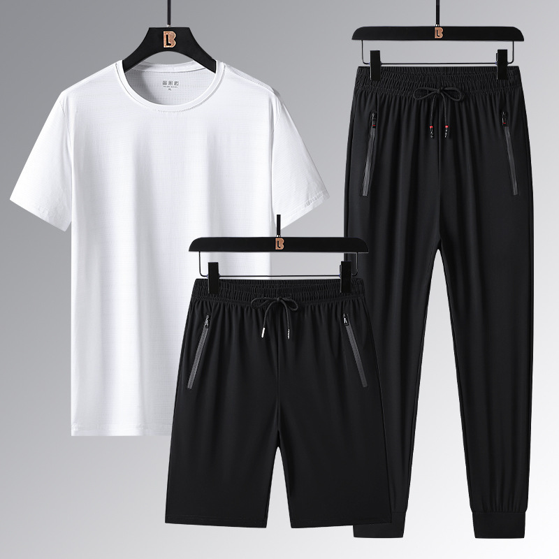 Men's Short-Sleeved Shorts, Quick-Drying Three-Piece Set, Cool, Sweat-Wicking, Breathable, Casual Sports Summer Suit for Men, Dropshipping