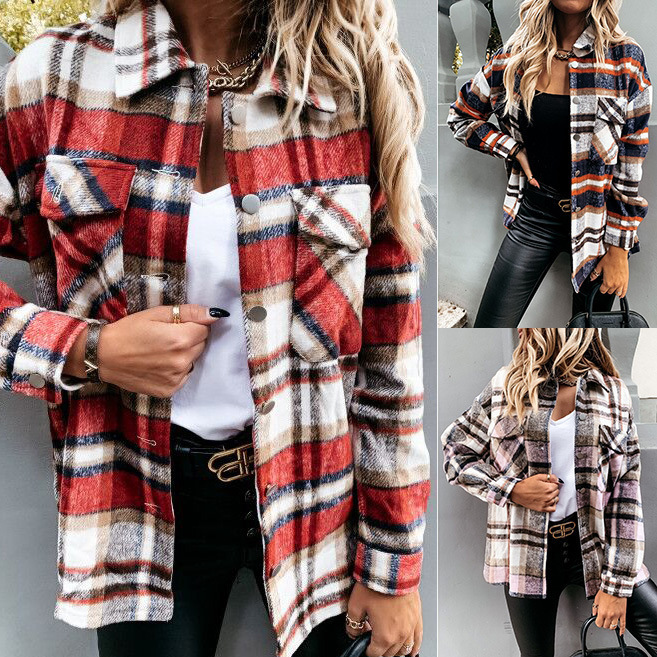2026 Autumn and Winter Cross-Border European and American Wish Foreign Trade Amazon Women's New Woolen Shirt Long-Sleeved Plaid Jacket for Women