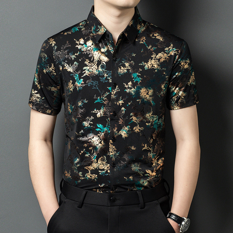 Summer Fashion National Fashion National Fashion Short-sleeved Shirt Men's Lapel Casual Thin Wrinkle-resistant Ironing-free Ice Silk Shirt