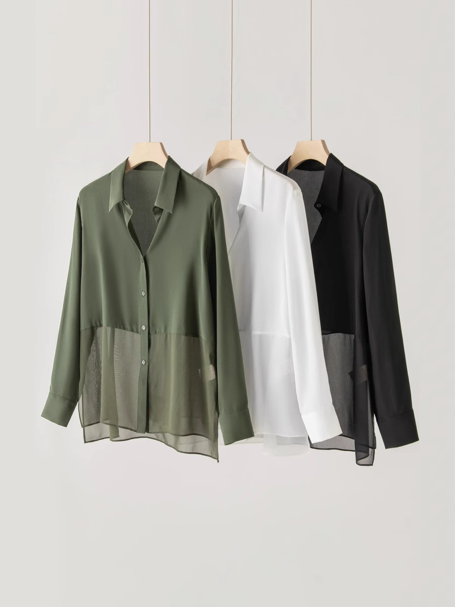 Spring Design Sense Long Sleeve Silk Shirt Women's New Stitching Sunscreen Shirt Commuter Mulberry Silk Square Collar Top