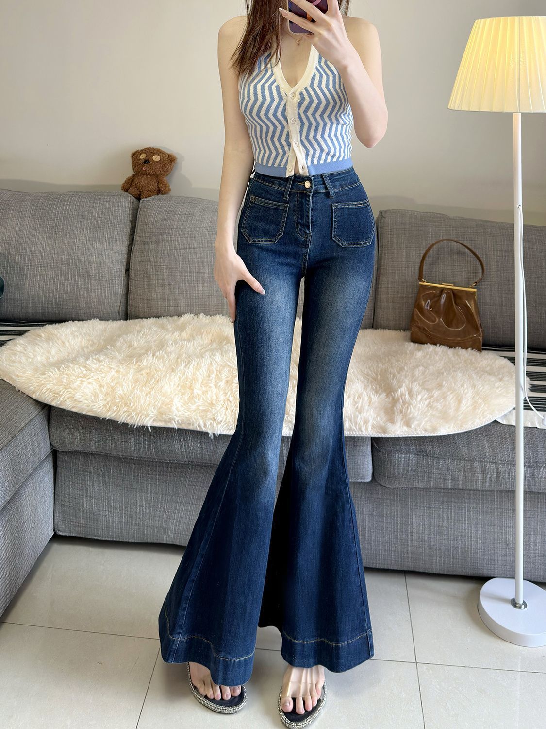 Hot Girl Style American Retro Blue High-Waisted Washed Jeans 2026 Spring and Autumn New Slim-Fit Floor-Length Pants