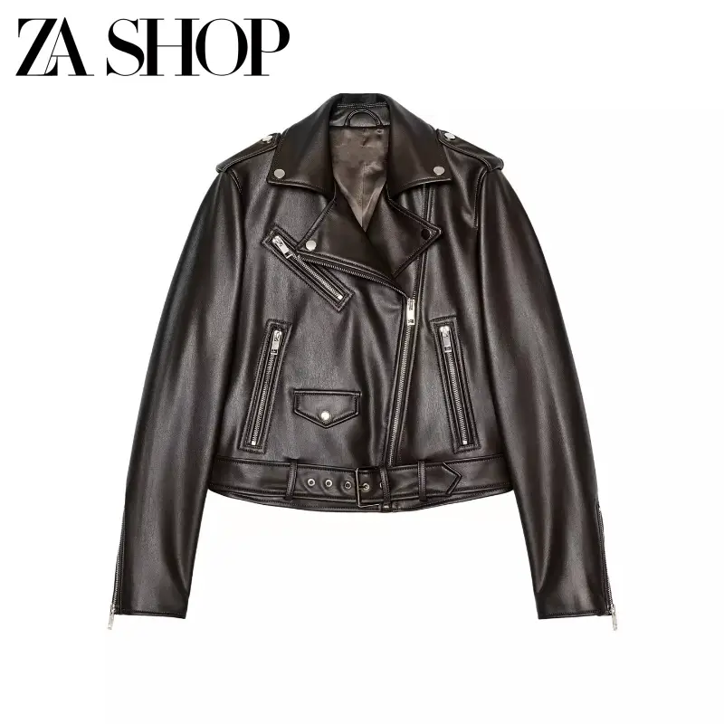 2025 Autumn New Women's Casual Lapel Long Sleeve Zipper Decorated Faux Leather Biker Jacket 3046064