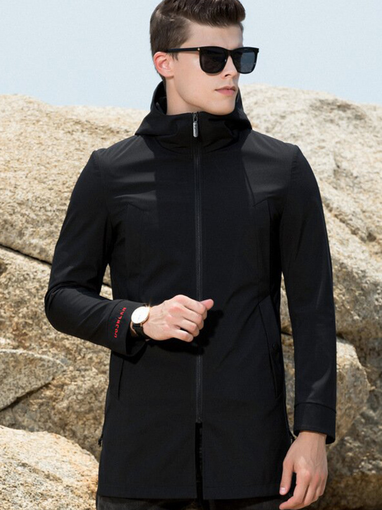 Remove the cabinet milk silk stretch men's windbreaker casual hooded long coat men's fashion embroidered jacket 18Q013