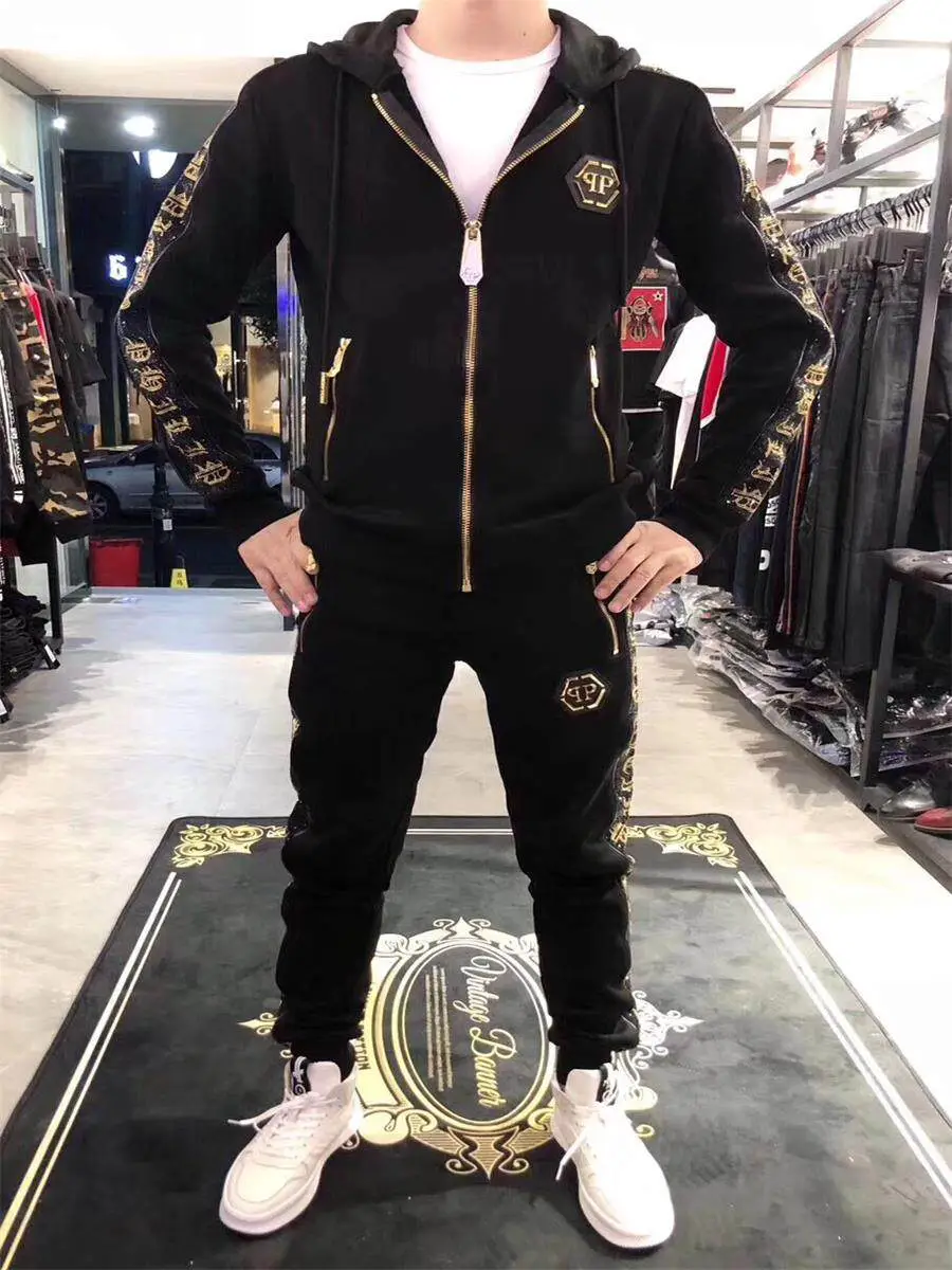Autumn and Winter Sweatshirt Set for Men, Heavy-Duty Lettering with Gold Foil and Rhinestones, Trendy Hooded Cardigan and Sweatpants, 2-Piece Casual Sports Set
