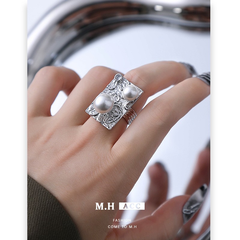 Rectangular Pearl Ring for Women, Simple and Elegant, Light Luxury, High-End Feel, Niche, Exquisite, Versatile, Adjustable Open Ring