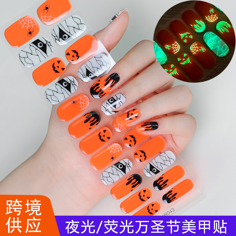 Cross-Border New Halloween Luminous Nail Stickers Spider Web Semi-Cured Uv Gel Manicure Semi-Baked Uv Nail Stickers
