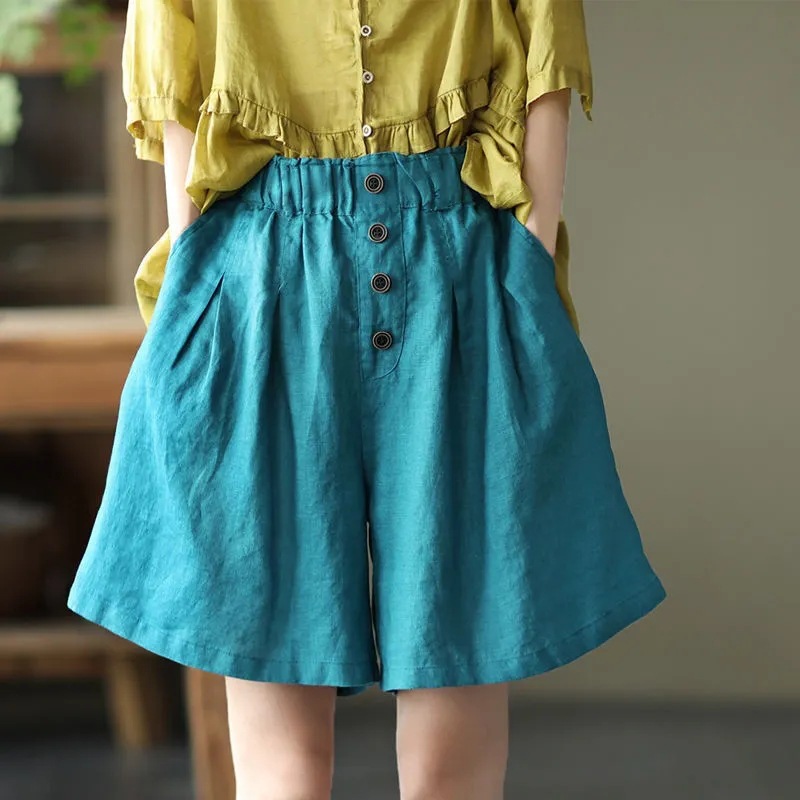 Summer New Women's Shorts, Artistic Retro Cotton and Linen, Solid Color, Casual Loose Plus Size, Versatile Wide-Leg Knee-Length Shorts