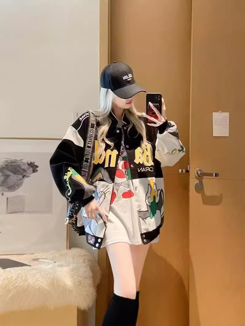 Spring and Autumn European and American Men's and Women's Fashionable Stars Same Style Jacket Motorcycle Jacket Heavy Industry Embroidered Couple's Collar Baseball Suit