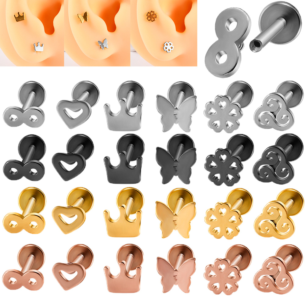 Cross-border Stainless Steel Crown Butterfly Internal Thread Lip Nail Hollow Love Electroplated T-shaped Flat Bottom Straight Puncture Earrings