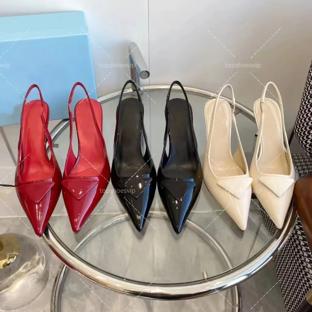 In-Stock P Brand Genuine Leather Pointed-Toe Kitten Heel Sandals for Women, European and American Style, Triangular Logo High Heels, Mid-Heel Closed-Toe Open-Back Sandals