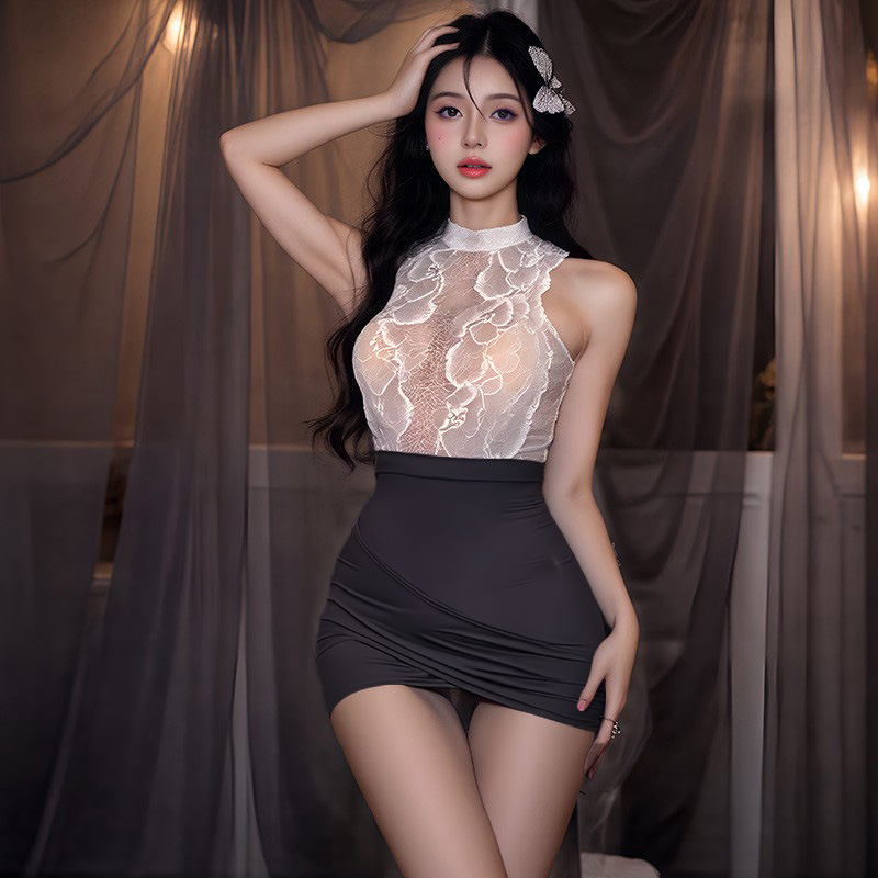 Plus-Size Lingerie Stewardess Secretary Bodycon Skirt Passionate Temptation Sexy Hollow-Out Uniform No Need to Take Off Small Bust Open
