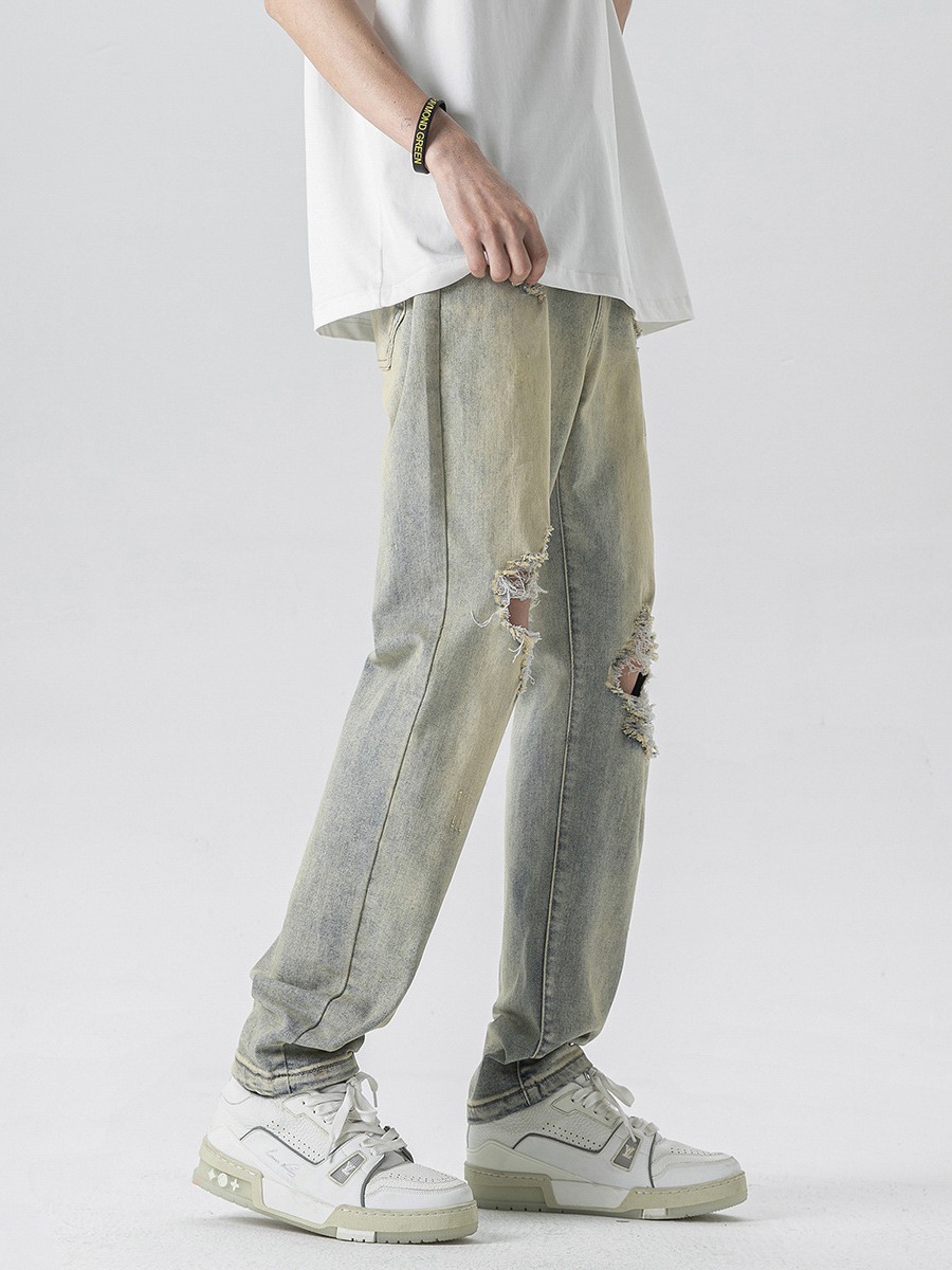 American High Street Style Men's Jeans for Spring and Summer, Slim Fit Straight-Leg Vibe Mud Yellow Stretchy Ripped Pants, Stylish