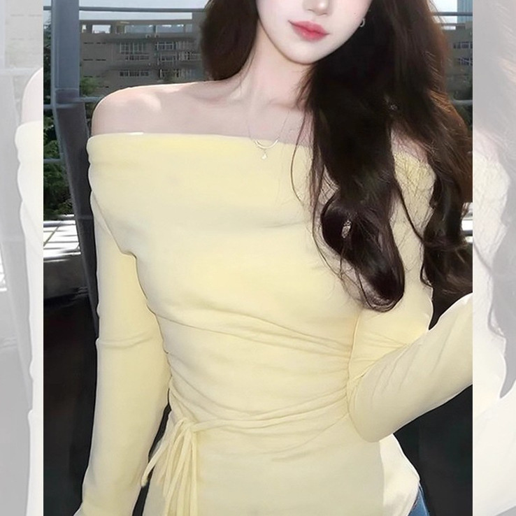 New Soft and Beautiful Yellow One-Shoulder Knitted Long-Sleeved Autumn and Winter Base Layer Versatile and Comfortable T-Shirt Tops for Women