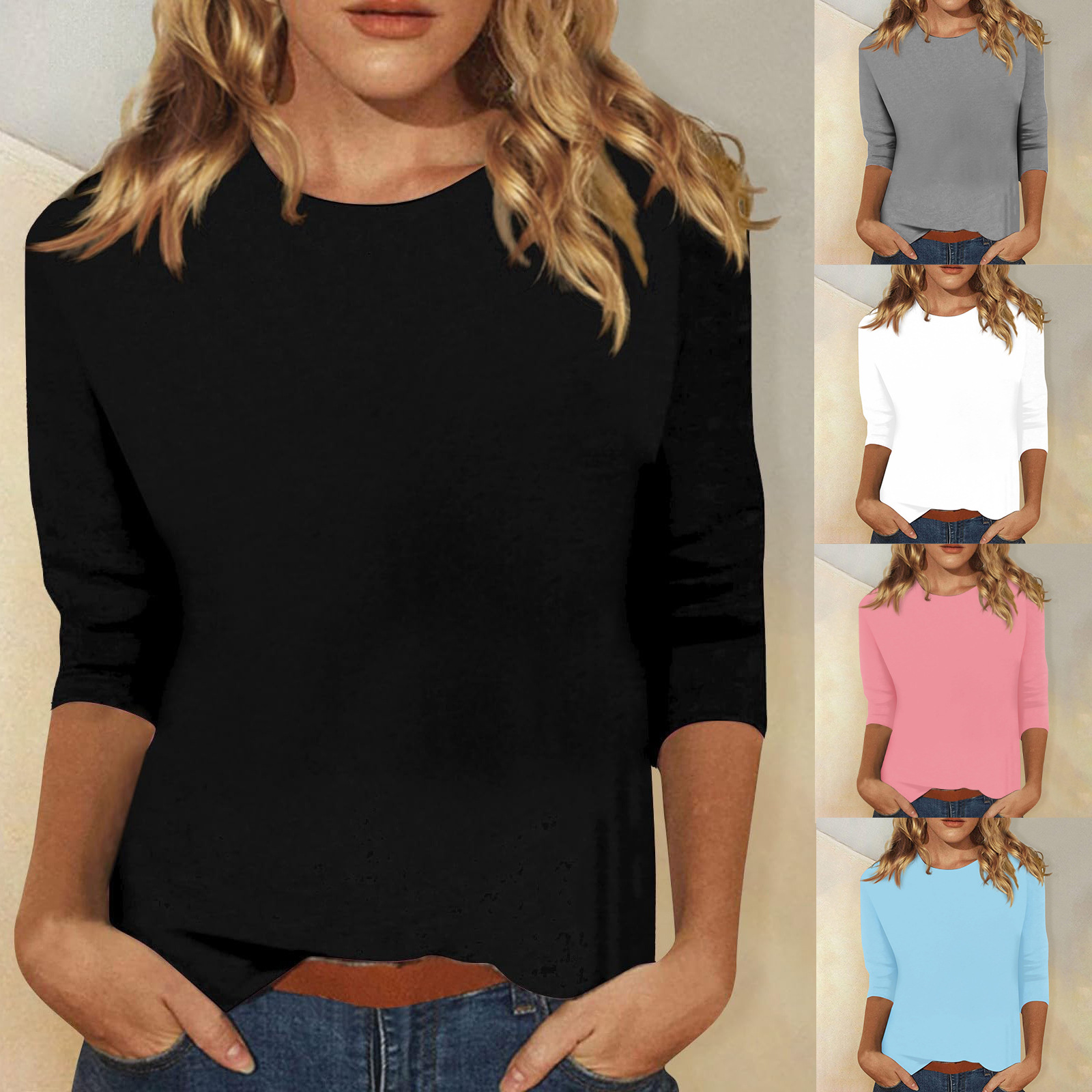 2024 Autumn and Winter European and American Cross-Border Women's Clothing Amazon Independent Station Top Round Neck Three-Quarter Sleeve Pure Color T-Shirt