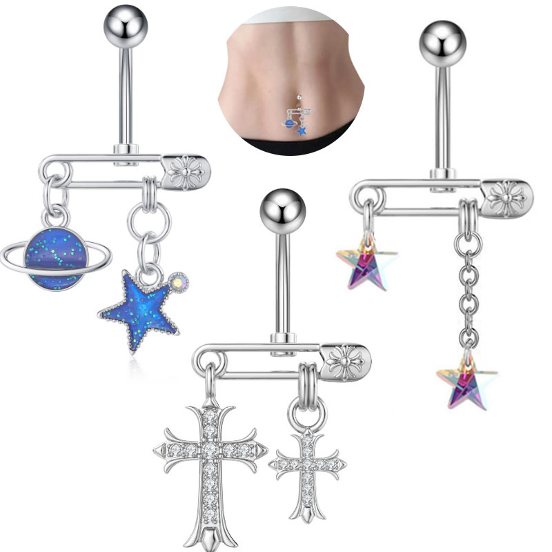Cross-Border New Product Five-Pointed Star Piercing Navel Ring Stainless Steel Cross Navel Nail Nose Nail Ear Navel Nail Jewelry