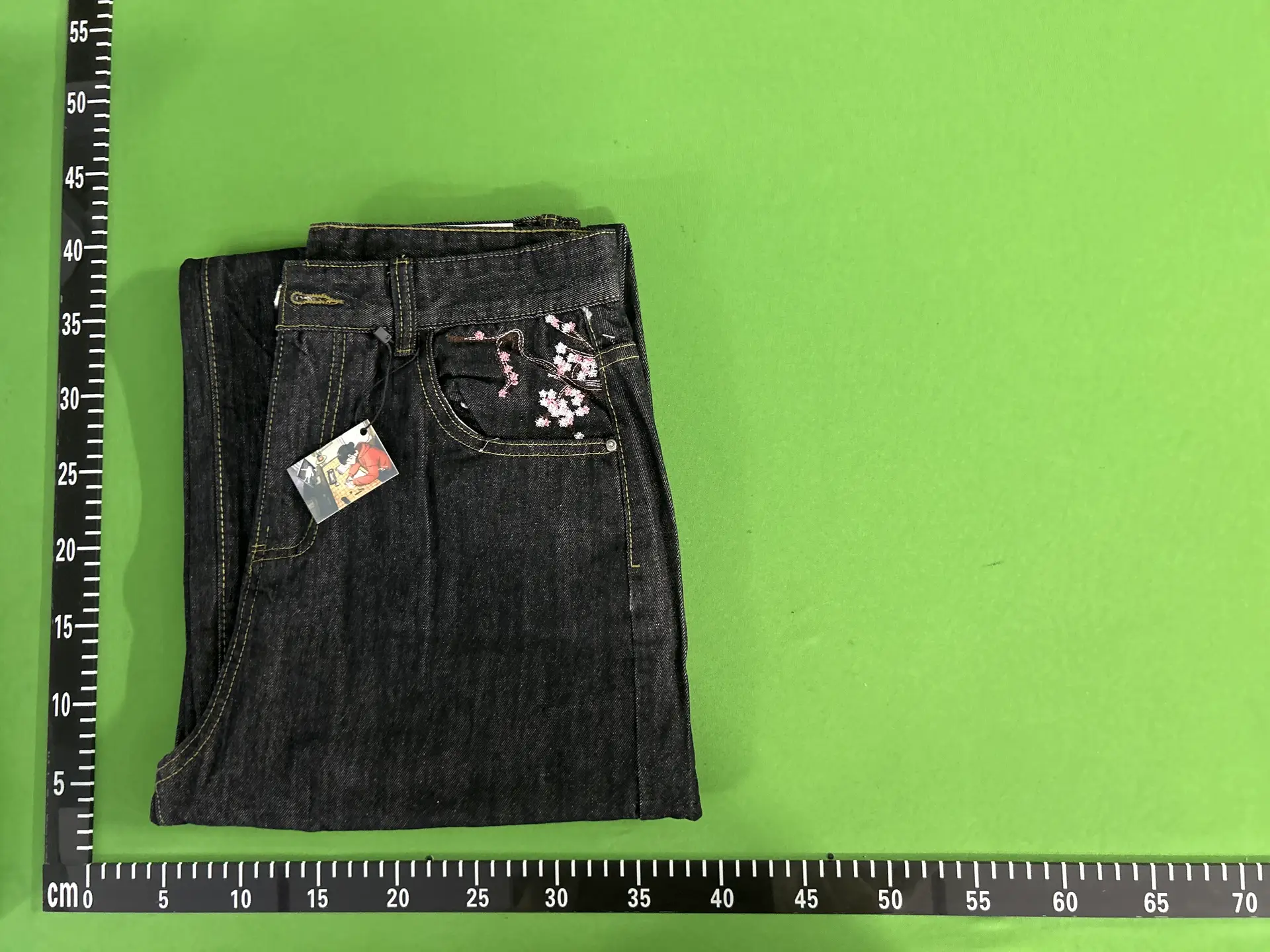 Dark Wash Denim Jeans with Cherry Blossom Embroidery