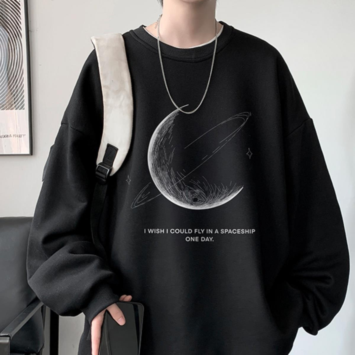Crewneck Sweatshirt Men's 2024 New Autumn and Winter fleece-lined Long Sleeve Inner Wear American Top Loose oversize Jacket