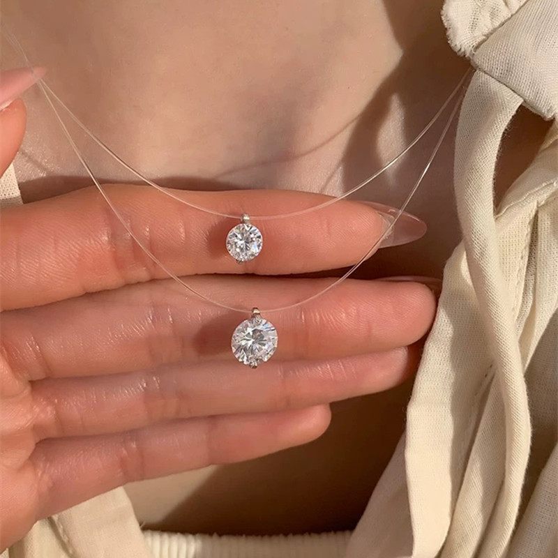 Mermaid Tears Zircon Necklace for Girls, Exquisite Zircon Invisible Transparent Fishing Line, Unique Versatile Clavicle Chain Necklace
