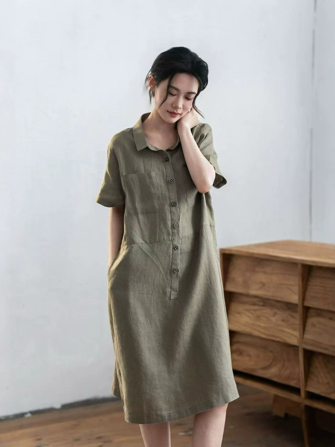 26 Summer Dress for Women, Pure Linen Shirt Collar, Large Pockets, Mid-Length Dress, Loose Casual College Style Dress