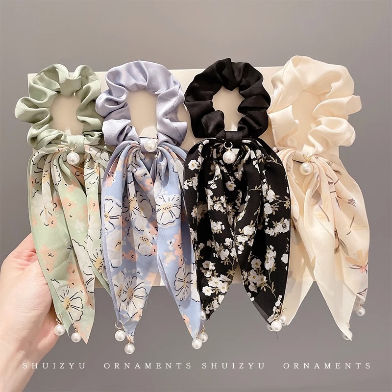 Elegant Pearl Pendant Ribbon Hair Band Headline Girl's Bow Tie Headwear Leather Case Summer High-grade Ponytail Hair Band