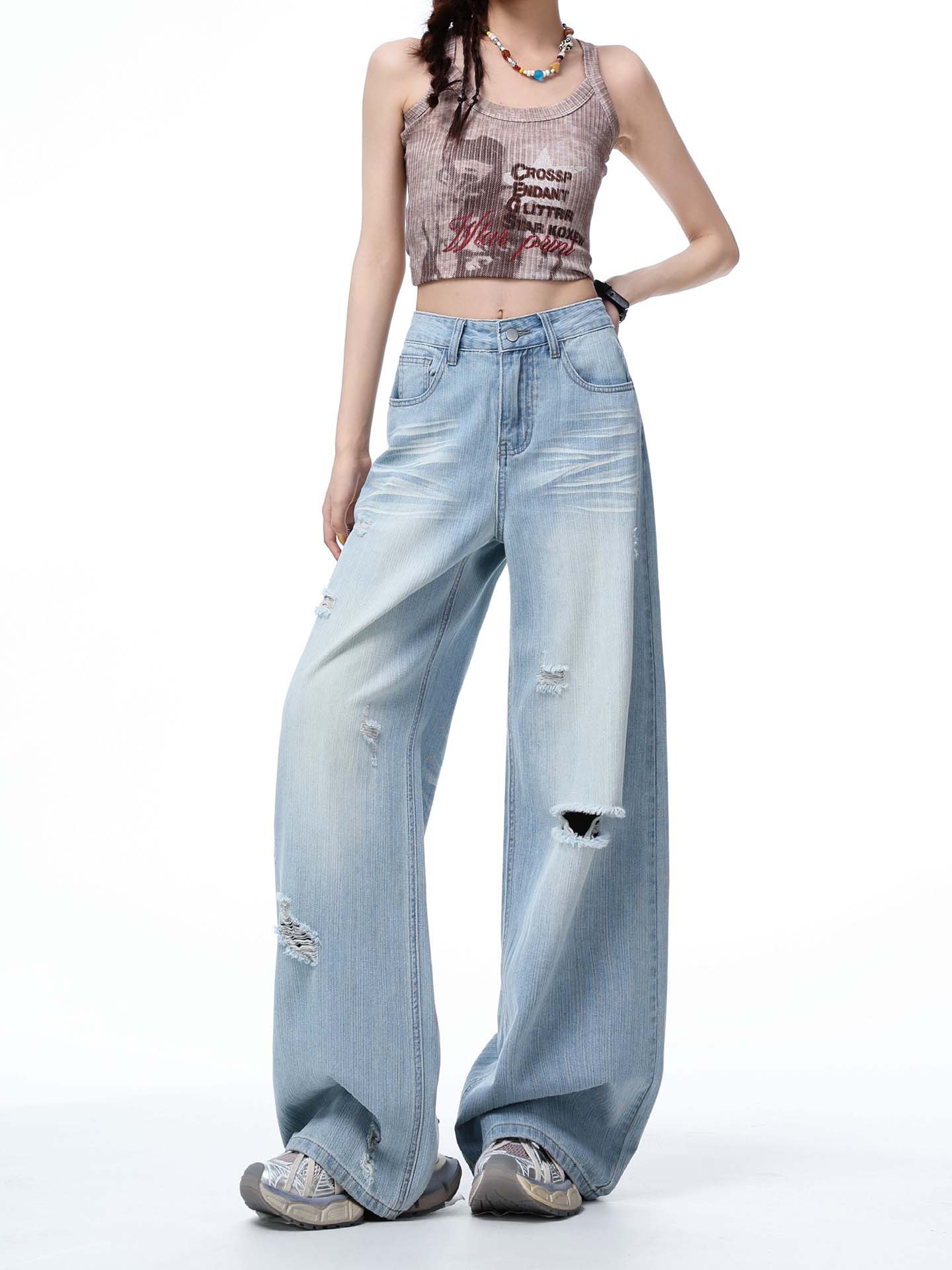 Vintage Washed Ripped Jeans for Women, New Spring/Summer Style, Loose Washed Straight-Leg Pants, Casual Floor-Length Pants