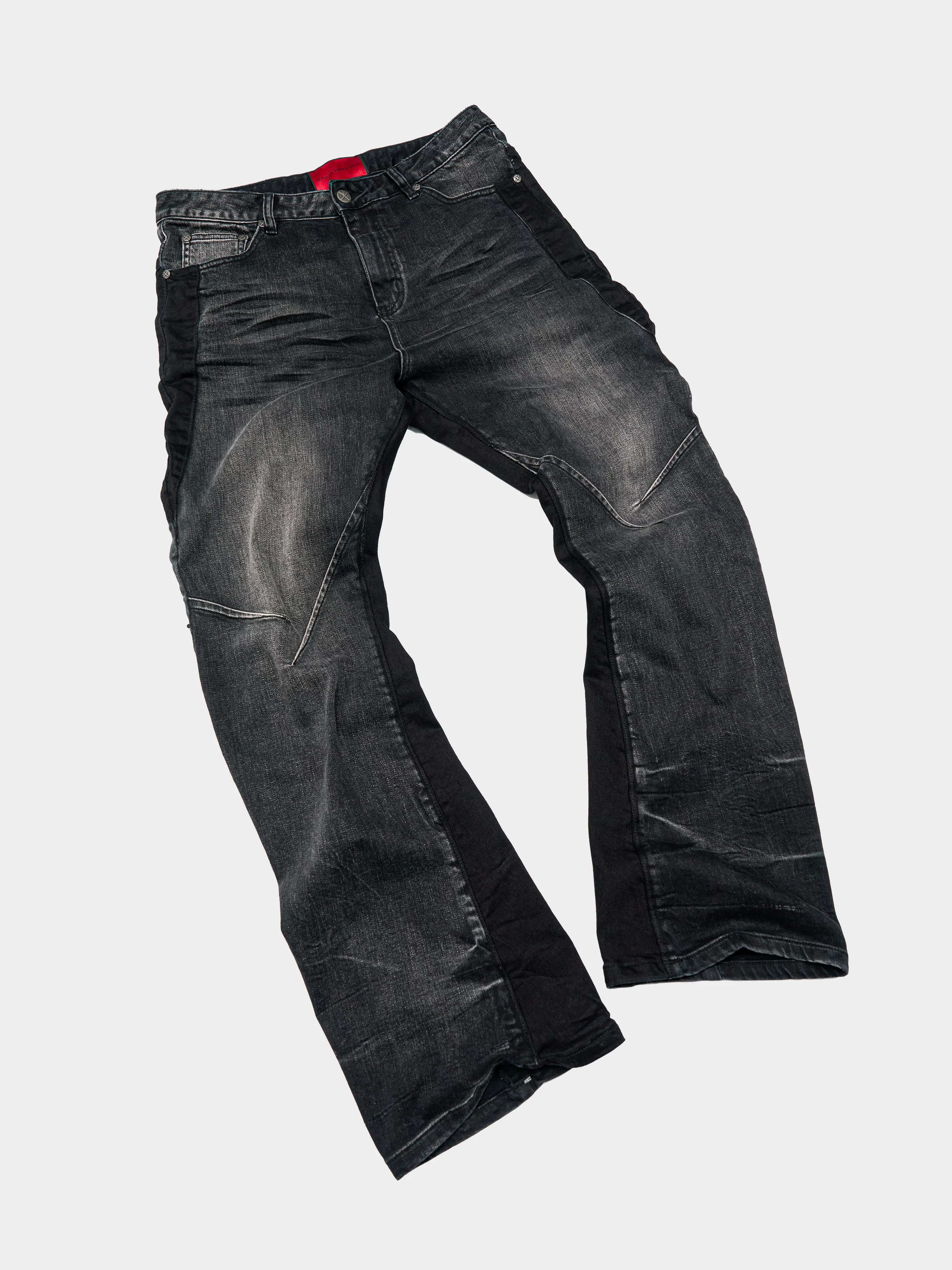 Eodup'Black Thorn' Heavy-Duty Patchwork Wrinkle-Textured Washed Stacked Three-Dimensional Curved Knife-Flared Stretch Denim Pants