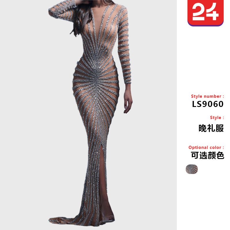 2025 Cross-Border Spring New European and American Fashion Hot Diamond Women's Mesh See-Through Long-Sleeved Slit Long Skirt Dress