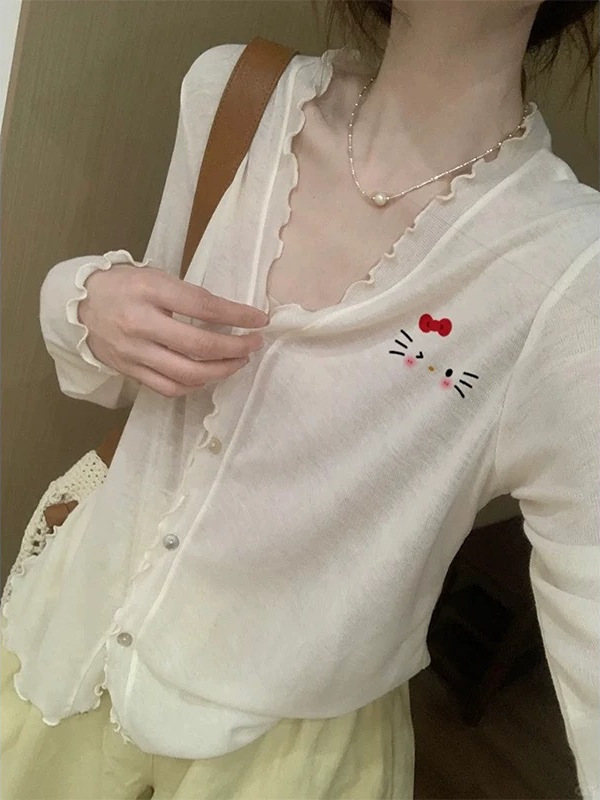 Cartoon Cat Embroidery Bamboo Linen Long-Sleeve Knit Cardigan for Women 2026 New Summer Thin Sun-Protective Top with Ruffled Edges