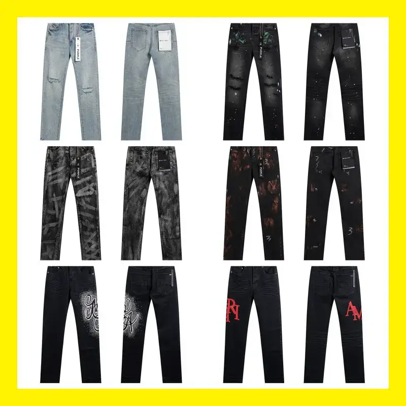 Purple Brand New Splash Print Trendy High Street Retro Ripped Casual Trendy Unisex Denim Pants