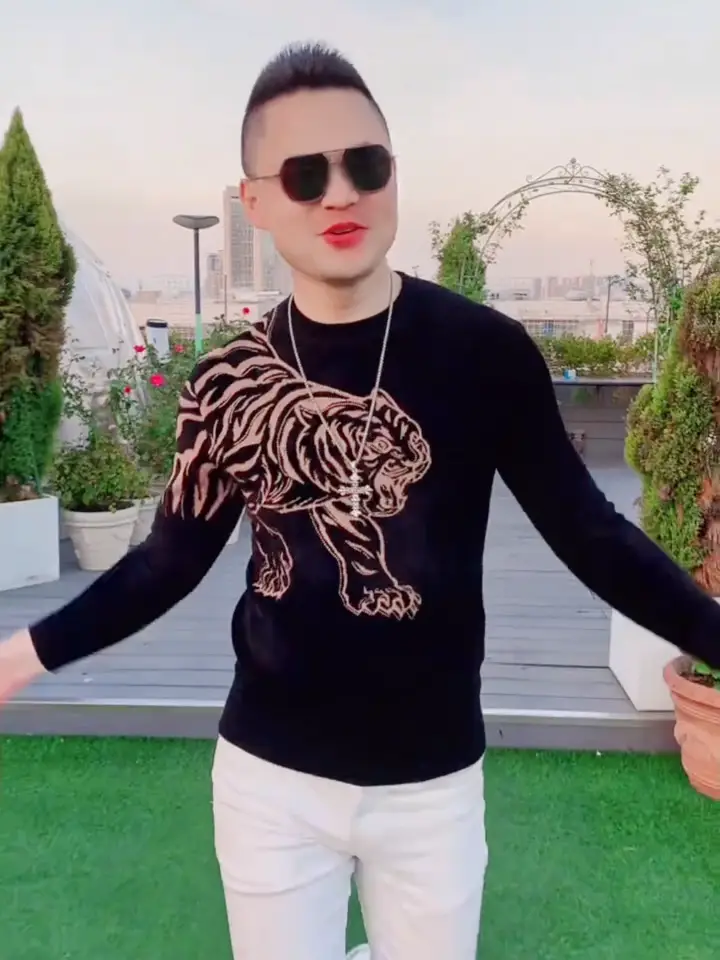 European Goods Station Men Fall and winter New arrival Knitting Sweater Men's European Tiger Jacquard Rhinestone Versatile silm Base Shirt Men