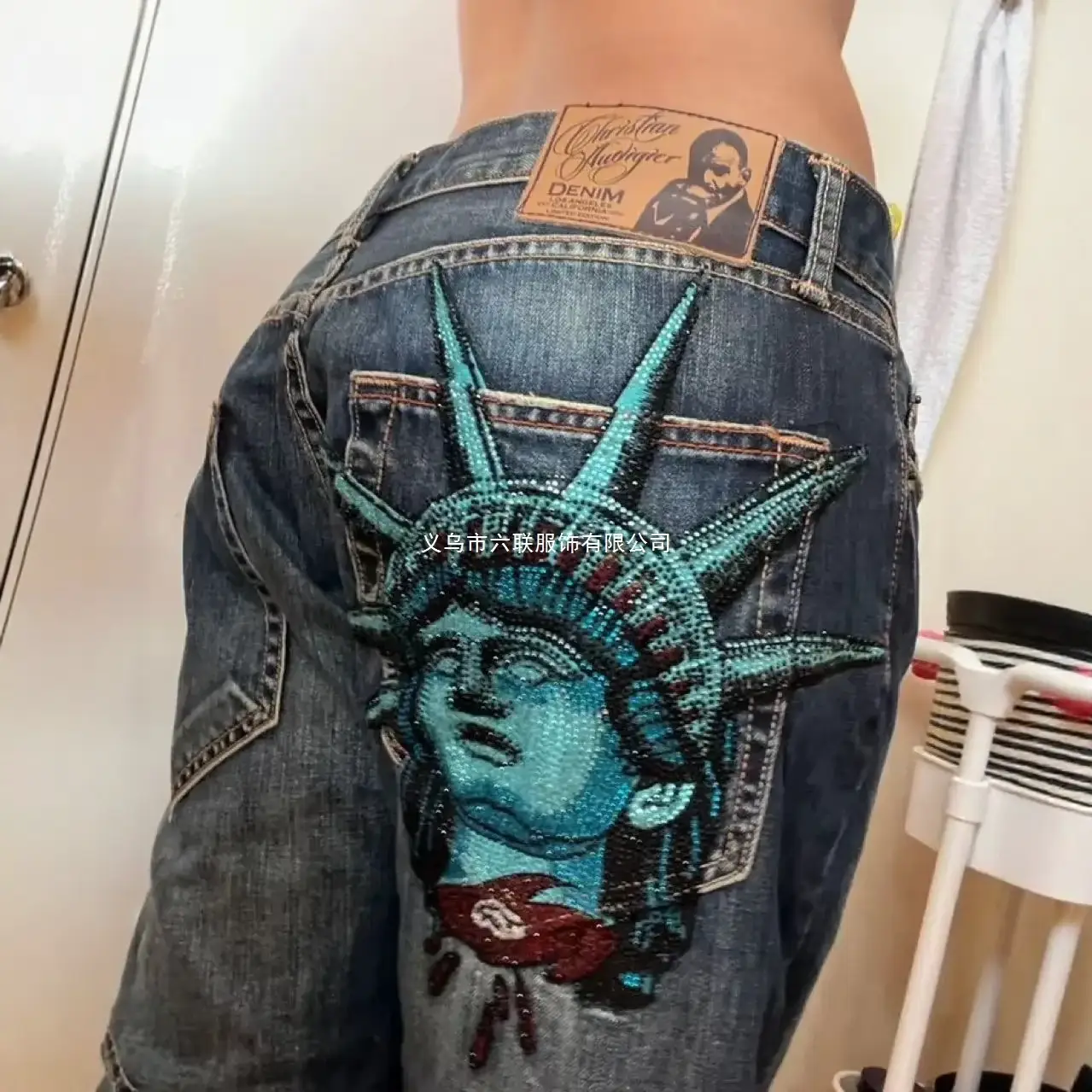European and American Cross-Border Trendy Brand Statue of Liberty Jeans Unisex Washed Vintage Loose Versatile Straight Pants Trendy
