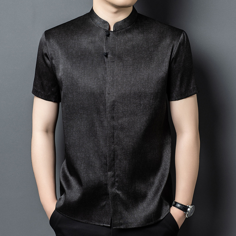 2026 Summer New Style Middle-Aged Men's Short-Sleeved Shirt, Retro Stand-Up Collar, Thin Tang Suit, Silk Half-Sleeved Loose Shirt