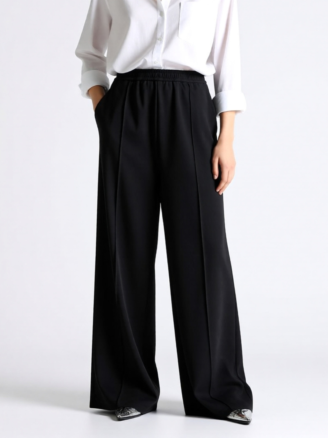 Black Modal Wool Blend High-Waisted Wide-Leg Pants for Women 2026 Spring New Elastic Waist Straight Casual Trousers