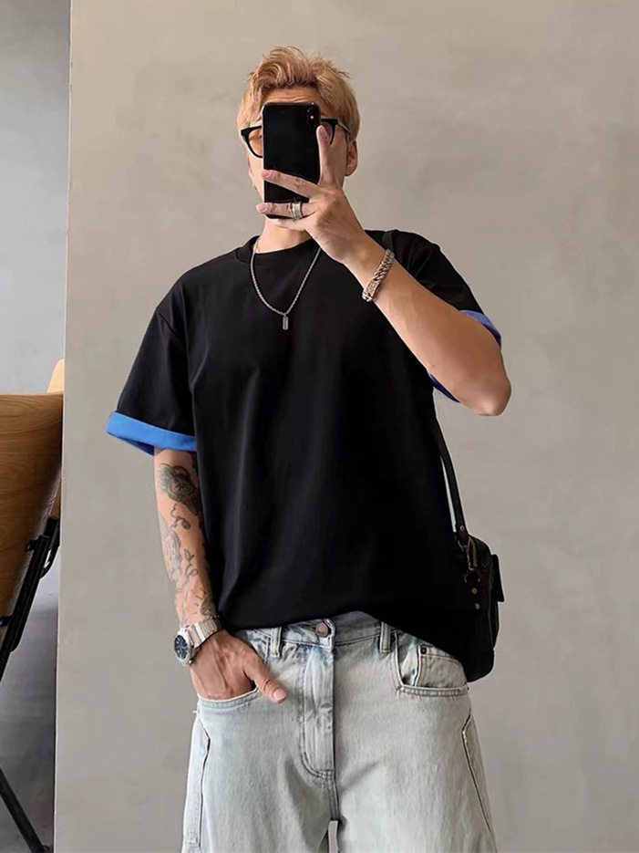 Spliced Two-Color Double-Layer Heavyweight Pure Cotton Casual Loose Short-Sleeved T-Shirt for Men and Women Couples