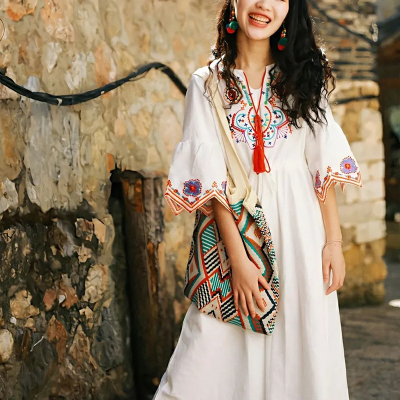 Ethnic Style Cotton and Linen Long Skirt with Exquisite Embroider 2025 Summer New Short-Sleeved Dress Literary Elegant Casual Skirt