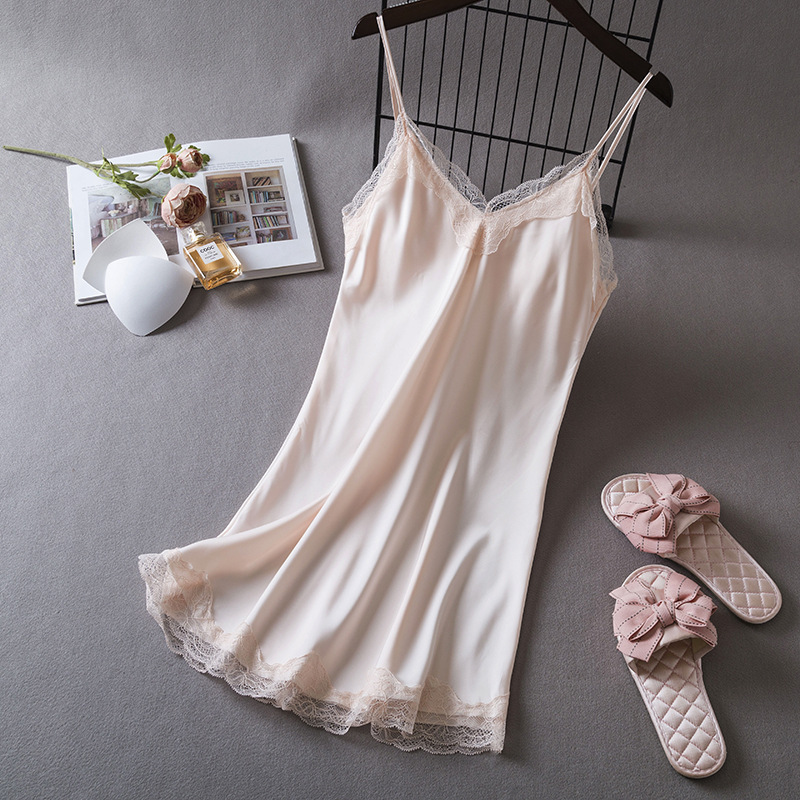 Summer 2024 fashionable simple sexy pajamas women's nightdress with chest pad strap artificial silk home wear wholesale