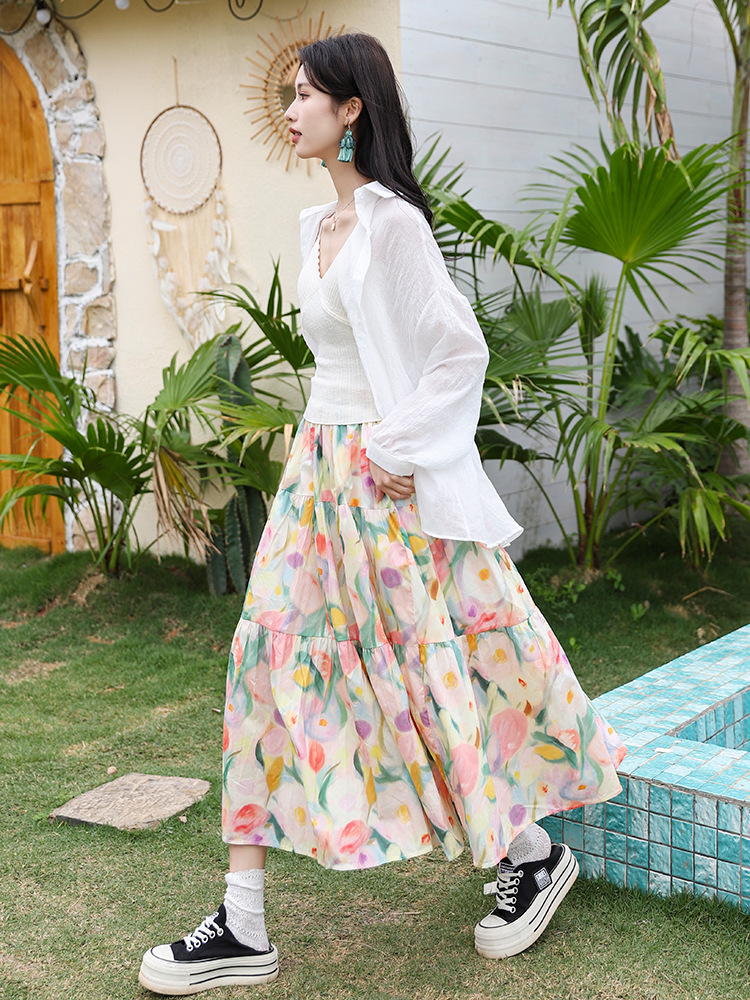 Iris French Retro Colorful Oil Painting Printed Skirt for Women Spring and Summer New High-Waisted Floral Mid-Length A-Line Skirt