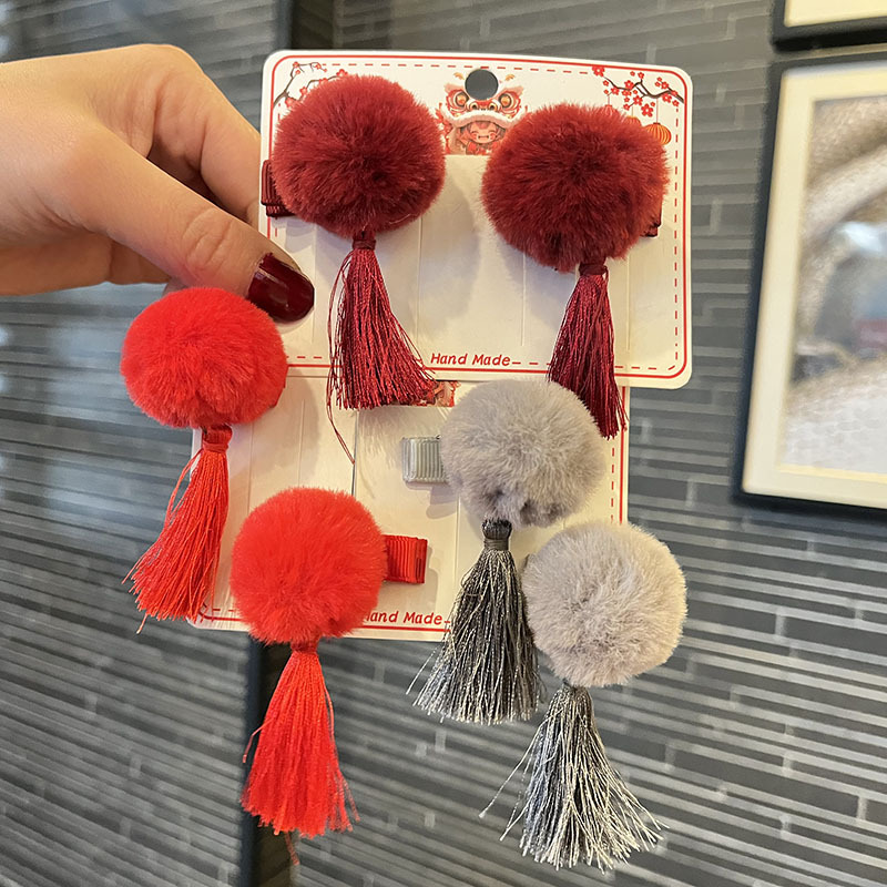 Chinese Style Kidsren's Hairpin Baby Headwear Fur Ball Tassel Hairpin Tang Suit Accessories DIY Han Dynasty Hair Accessories Wholesale