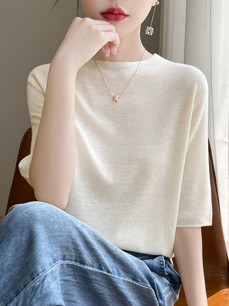 New Spring and Summer Women's Knitwear, Fine Wool Half-Turtleneck, Five-Quarter Sleeve Base Shirt, Solid Color Short-Sleeve Base Shirt