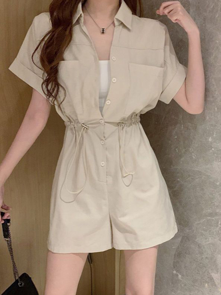 Retro Waist-Cinching Workwear Jumpsuit for Women 2026 Summer New Korean Style Short-Sleeved Shirt Loose Wide-Leg Shorts