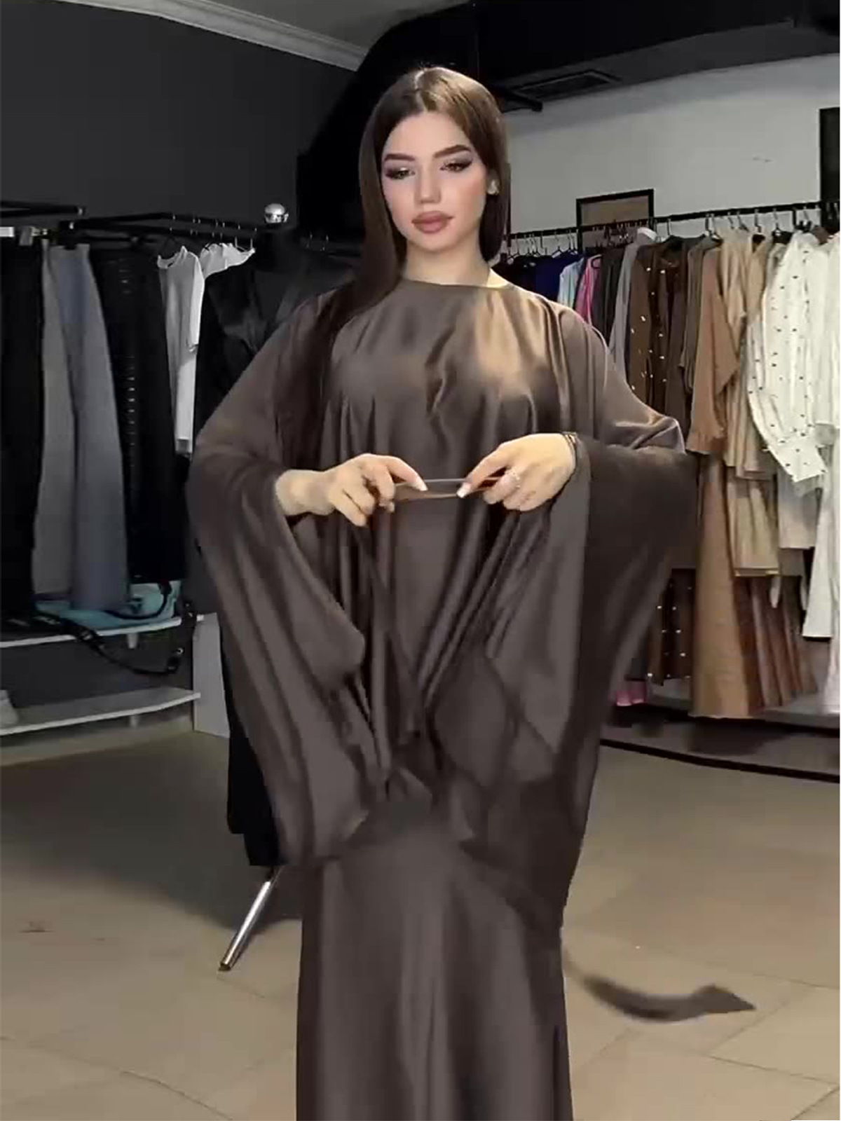 Amazon Europe and America 2026 Spring New Round Neck Long Sleeve Dress Batwing Sleeve Tie Waist Draped Satin Dress