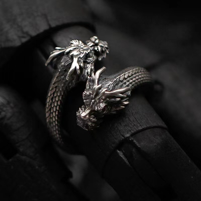 Cafe billion retro distressed design double dragon ring Thai silver men's high-end national style national tide adjustable