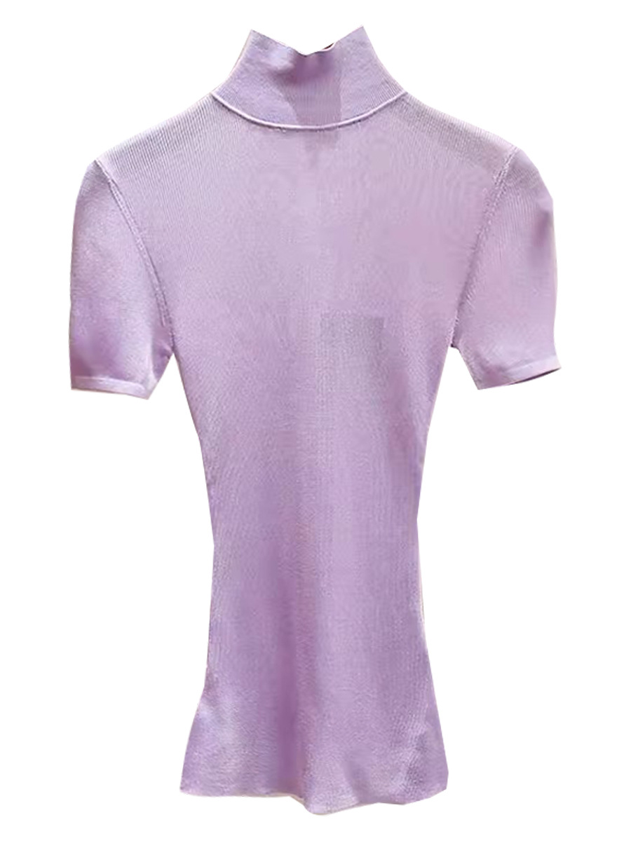 Sp2025 Early Autumn New High-Neck Knitwear Women's Short-Sleeved Slim Short Small See-Through Simple T-Shirt Top