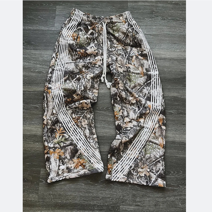 Cross-Border American Retro High-Street Cargo Pants with Elastic Waist, Leaf Pattern, Heavy-Duty Wide-Leg Loose Casual Pants