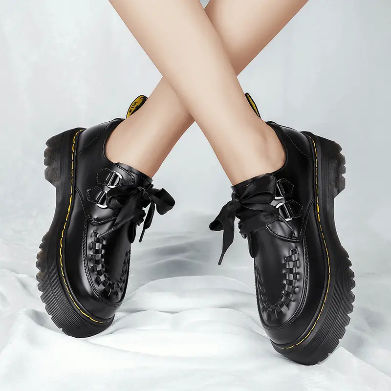 Rose Same Style Dr Martin Shoes for Women K-style Preppy style Jk Lolita Small Leather Shoes 2-Hole Braided Thick Sole Small Leather Shoes