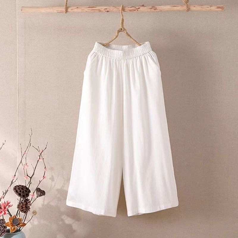 2026 Summer Casual Cotton and Linen Wide-Leg Pants Solid Color Plus-Size Women's New Loose Elastic Waist Cropped Pants That Cover the Body and Are Trendy